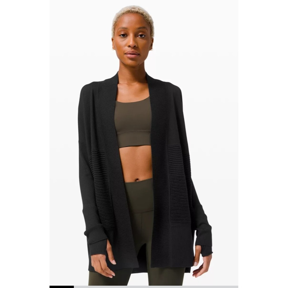 Lululemon Sit In Lotus Wrap Cardigan Black Merino Wool Ribbed Womens 10